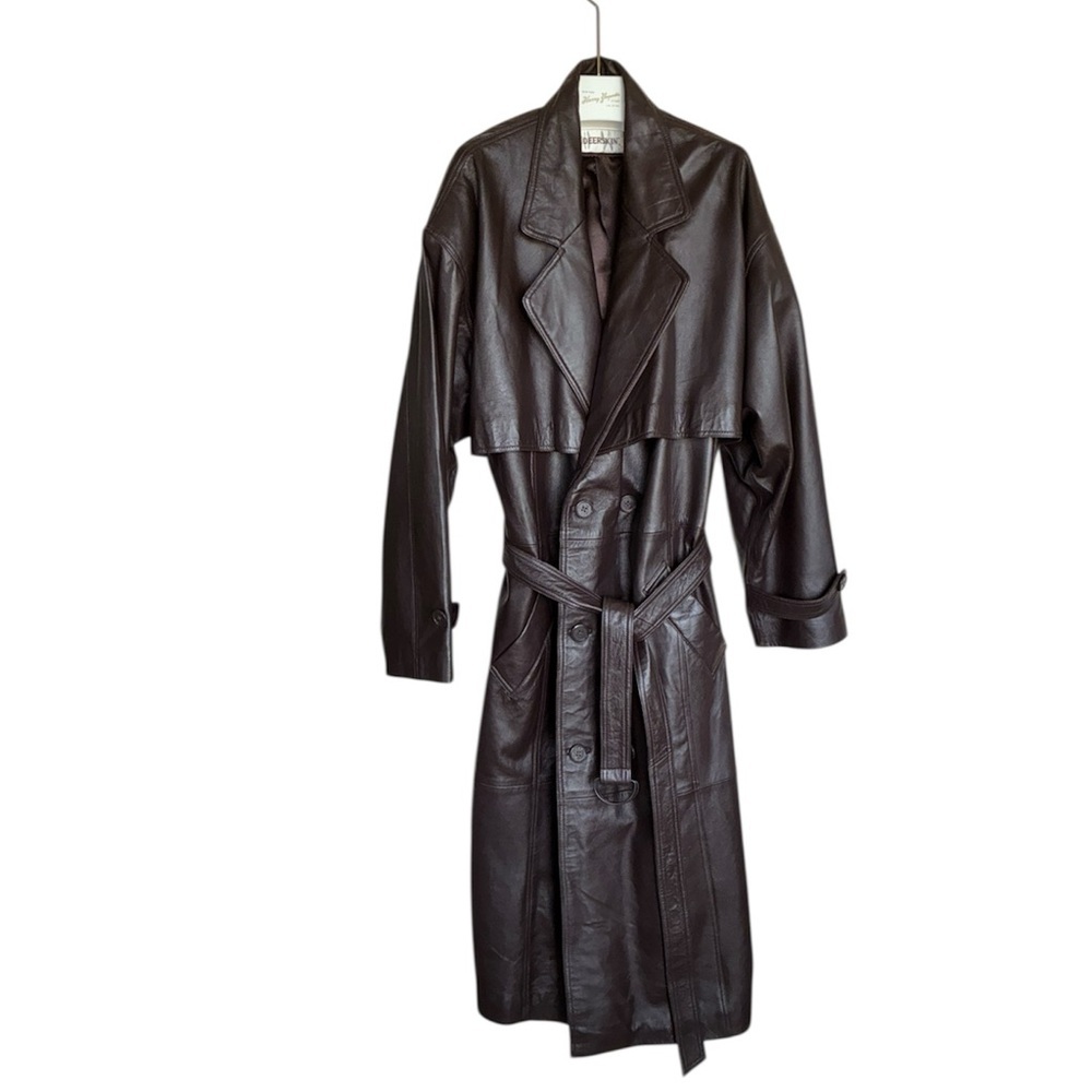 DEERSKIN TRADING POST Men's Classic Brown Leather Belted Trenchcoat. VTG XXL